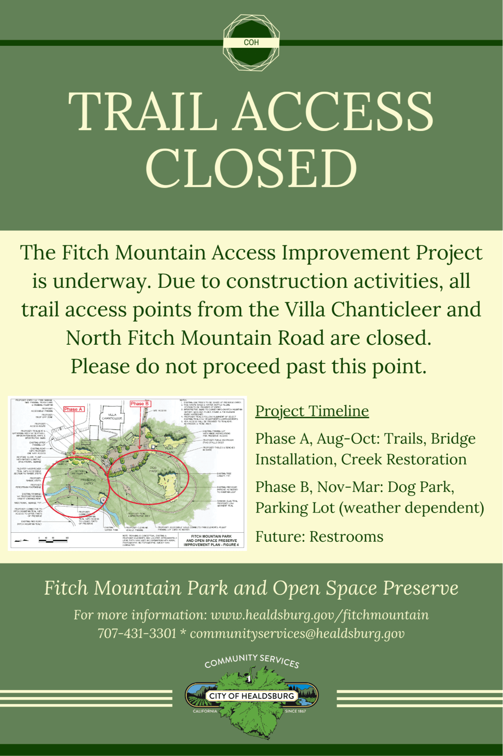 Fitch Mountain Project Sign-Trails Closed